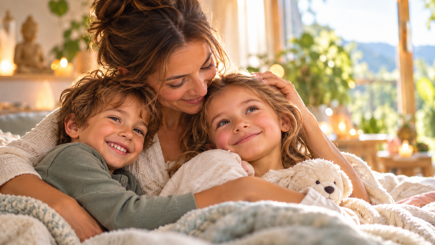 Maman avec fille et garçon : soins énergétiques pour enfants